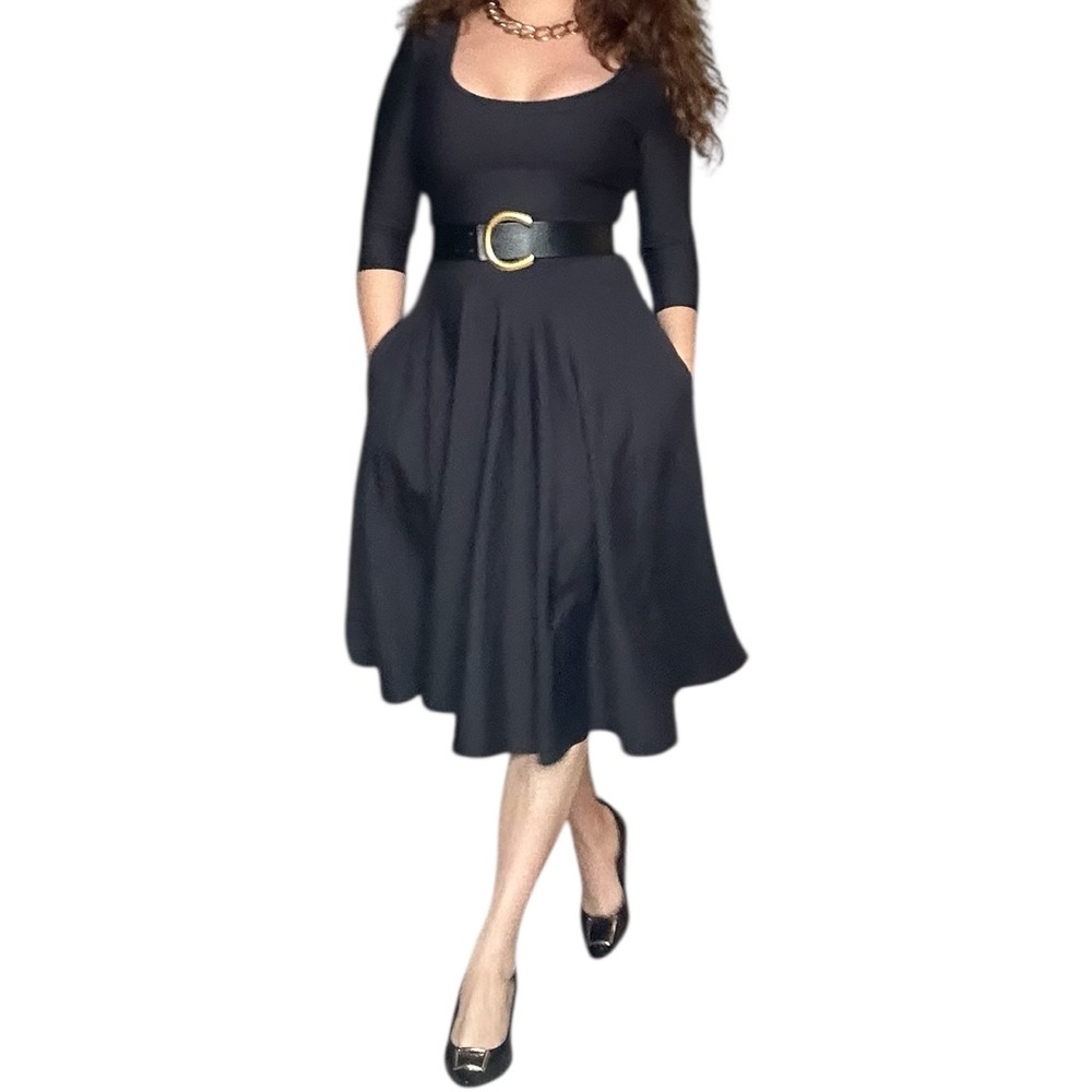 Classic Black Scoop Neck Midi Dress with pockets - Small
